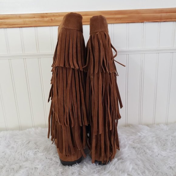 AU Air Underground Womens Moccasin Boot Sz 7 .5 M Chestnut Brown Fringe Mid Calf - Picture 4 of 9
